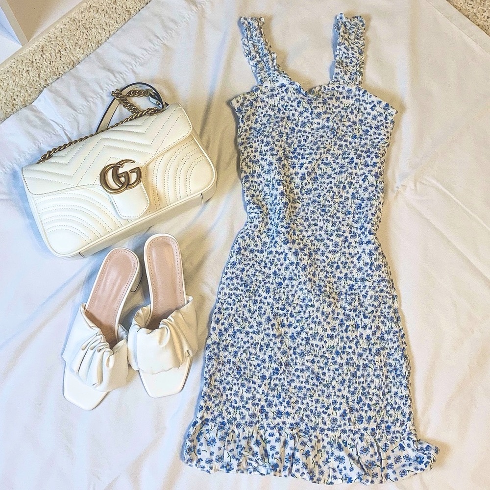 Blue floral ruched mini dress